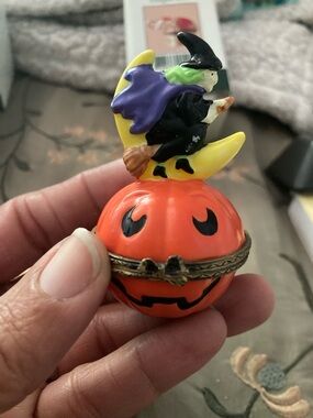 Halloween Witch on Pumpkin Decorative Sculpture - Orange, Purple, Black